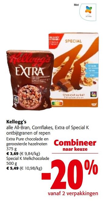 Promoties Kellogg`s alle all-bran, cornflakes, extra of special k ontbijtgranen of repen - Kellogg's - Geldig van 28/02/2024 tot 12/03/2024 bij Colruyt
