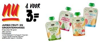 Promoties Jumbo biologisch fruithapje 6+ maanden appel, mango + banaan - Huismerk - Jumbo - Geldig van 06/03/2024 tot 12/03/2024 bij Jumbo