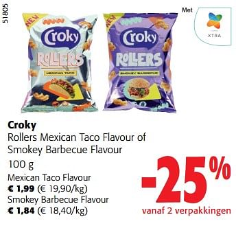 Promoties Croky rollers mexican taco flavour of smokey barbecue flavour - Croky - Geldig van 28/02/2024 tot 12/03/2024 bij Colruyt