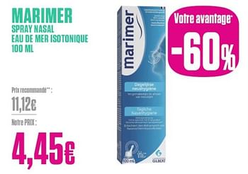 Promotions Marimer spray nasal eau de mer isotonique - Marimer - Valide de 26/02/2024 à 31/03/2024 chez Medi-Market