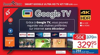 Promotions Smart tech smart google ultra hd tv 43``-109 cm 43va1 - Smart Tech - Valide de 01/03/2024 à 31/03/2024 chez Eldi