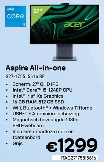 Promotions Acer aspire all-in-one s27-1755 i5616 be - Acer - Valide de 01/03/2024 à 31/03/2024 chez Compudeals