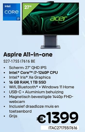 Promoties Acer aspire all-in-one s27-1755 i7616 be - Acer - Geldig van 01/03/2024 tot 31/03/2024 bij Compudeals