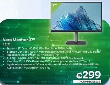 Promotions Acer vero monitor 27`` cb273u - Acer - Valide de 01/03/2024 à 31/03/2024 chez Compudeals