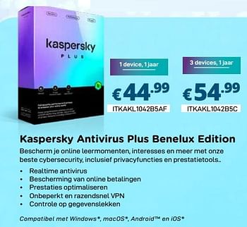 Promoties Kaspersky antivirus plus benelux edition - Kaspersky - Geldig van 01/03/2024 tot 31/03/2024 bij Compudeals