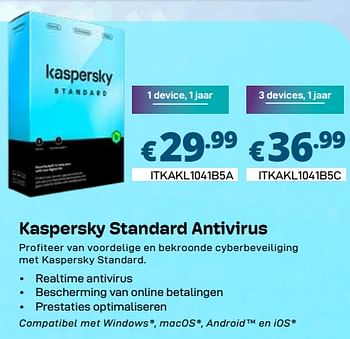 Promotions Kaspersky standard antivirus - Kaspersky - Valide de 01/03/2024 à 31/03/2024 chez Compudeals
