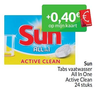 Promotions Sun tabs vaatwasser all in one active clean - Sun - Valide de 01/03/2024 à 31/03/2024 chez Intermarche