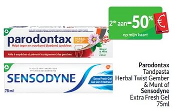 Promoties Parodontax tandpasta herbal twist gember + munt of sensodyne extra fresh gel - Huismerk - Intermarche - Geldig van 01/03/2024 tot 31/03/2024 bij Intermarche