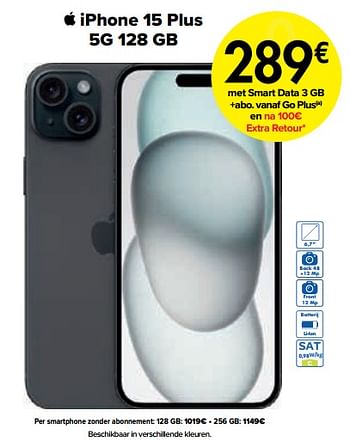 Promoties Apple iphone 15 plus 5g 128 gb - Apple - Geldig van 01/03/2024 tot 01/04/2024 bij Carrefour