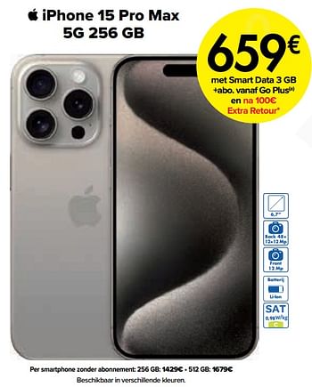 Promoties Apple iphone 15 pro max 5g 256 gb - Apple - Geldig van 01/03/2024 tot 01/04/2024 bij Carrefour