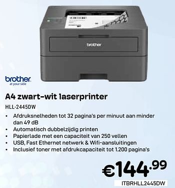 Promoties Brother a4 zwart-wit laserprinter hll-2445dw - Brother - Geldig van 01/03/2024 tot 31/03/2024 bij Compudeals