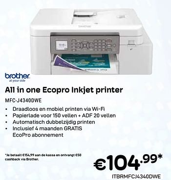 Promoties Brother all in one ecopro inkjet printer mfc-j4340dwe - Brother - Geldig van 01/03/2024 tot 31/03/2024 bij Compudeals