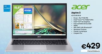 Promotions Acer aspire 3 a 315-58-54ln - Acer - Valide de 01/03/2024 à 31/03/2024 chez Compudeals