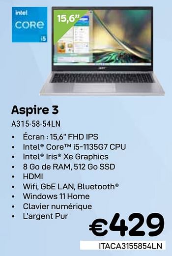 Promoties Acer aspire 3 a 315-58-54ln - Acer - Geldig van 01/03/2024 tot 31/03/2024 bij Compudeals