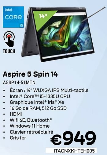 Promoties Acer aspire 5 spin 14 a5sp14-51mtn - Acer - Geldig van 01/03/2024 tot 31/03/2024 bij Compudeals