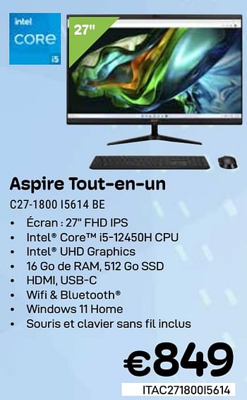 Promotions Acer aspire all-in-one c27-1800 i5614 be - Acer - Valide de 01/03/2024 à 31/03/2024 chez Compudeals