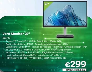Promoties Acer vero monitor 27`` cb273u - Acer - Geldig van 01/03/2024 tot 31/03/2024 bij Compudeals