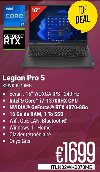 Promoties Lenovo legion pro 5 82wk0070mb - Lenovo - Geldig van 01/03/2024 tot 31/03/2024 bij Compudeals