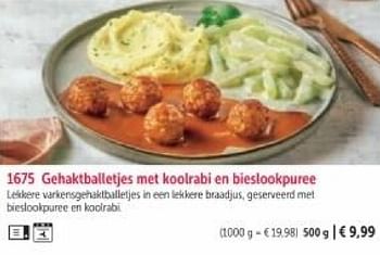 Promotions Gehaktballetjes met koolrabi en bieslookpuree - Produit maison - Bofrost - Valide de 01/03/2024 à 30/08/2024 chez Bofrost