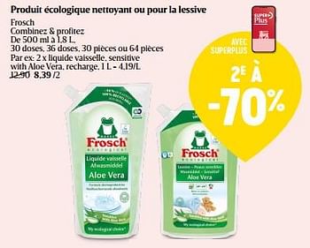 Promotions Liquide vaisselle, sensitive with aloe vera, recharge - Frosch - Valide de 07/03/2024 à 16/03/2024 chez Delhaize