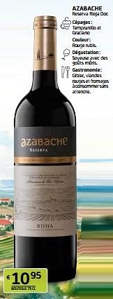 Promotions Azabache reserva rioja doc - Vins rouges - Valide de 01/03/2024 à 14/03/2024 chez BelBev