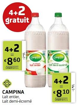 Promotions Campina lait entier, lait demi-écremé - Campina - Valide de 01/03/2024 à 14/03/2024 chez BelBev