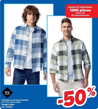 Promotions Chemise à carreaux homme - Tex - Valide de 05/03/2024 à 18/03/2024 chez Carrefour