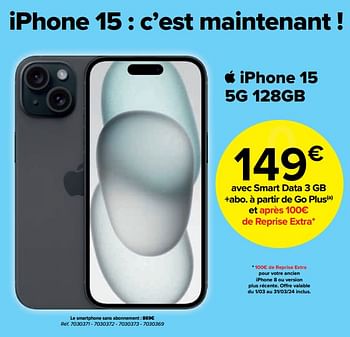 Promoties Apple iphone 15 5g 128gb - Apple - Geldig van 01/03/2024 tot 01/04/2024 bij Carrefour