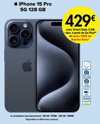 Promoties Apple iphone 15 pro 5g 128 gb - Apple - Geldig van 01/03/2024 tot 01/04/2024 bij Carrefour