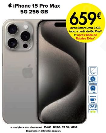 Promoties Apple iphone 15 pro max 5g 256 gb - Apple - Geldig van 01/03/2024 tot 01/04/2024 bij Carrefour