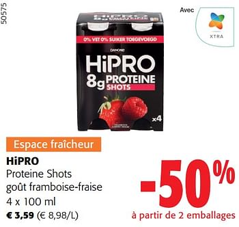Promotions Hipro proteine shots goût framboise-fraise - Danone - Valide de 28/02/2024 à 12/03/2024 chez Colruyt