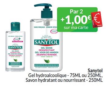 Promotions Sanytol gel hydroalcoolique savon hydratant ou nourrissant - Sanytol - Valide de 01/03/2024 à 31/03/2024 chez Intermarche