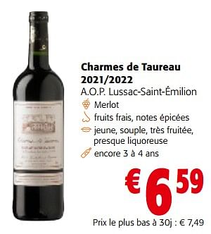 Promotions Charmes de taureau 2021-2022 a.o.p. lussac-saint-émilion - Vins rouges - Valide de 28/02/2024 à 12/03/2024 chez Colruyt