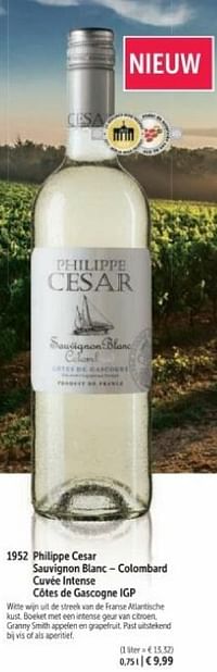 Philippe cesar sauvignon blanc colombard cuvee intense cotes de gascogne igp-Witte wijnen