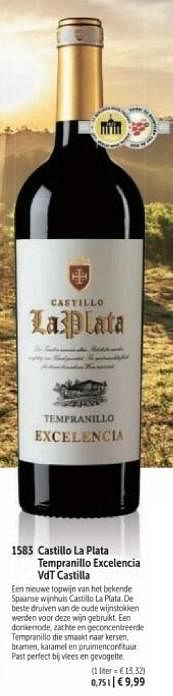 Promotions Castillo la plata tempranillo excelencia val castilla - Vins rouges - Valide de 01/03/2024 à 30/08/2024 chez Bofrost