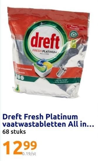 Promoties Dreft fresh platinum anti-roos vaatwastabletten all in - Dreft - Geldig van 06/03/2024 tot 12/03/2024 bij Action