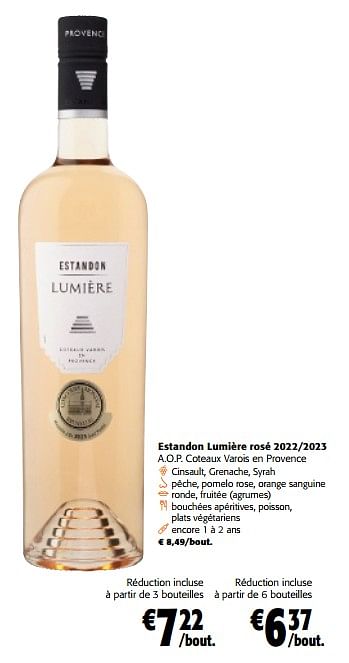 Promotions Estandon lumière rosé 2022-2023 a.o.p. coteaux varois en provence - Vins rosé - Valide de 28/02/2024 à 12/03/2024 chez Colruyt