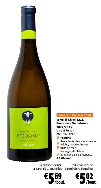 Promotions Terre di chieti i.g.t. pecorino vellodoro 2022-2023 umani ronchi - Vins blancs - Valide de 28/02/2024 à 12/03/2024 chez Colruyt