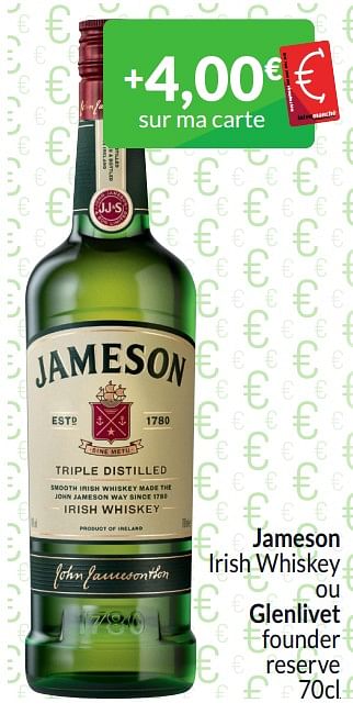 Promotions Jameson irish whiskey ou glenlivet founder reserve - Jameson - Valide de 01/03/2024 à 31/03/2024 chez Intermarche