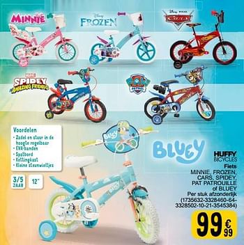Promotions Huffy bicycles fiets minnie frozen cars spidey pat patrouille of bluey - Huffy Bicycles - Valide de 05/03/2024 à 24/09/2024 chez Cora