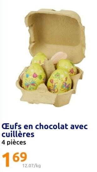 Promotions oeufs en chocolat avec cuilleres - Produit Maison - Action - Valide de 06/03/2024 à 12/03/2024 chez Action