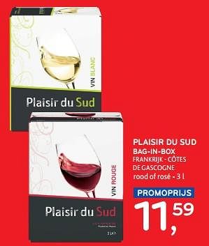 Promoties Plaisir du sud bag-in-box frankrijk cotes de gascogne rood of rosé - Rode wijnen - Geldig van 13/03/2024 tot 26/03/2024 bij Alvo