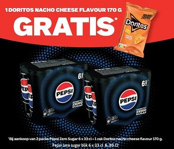 Promoties 1 doritos nacho cheese flavour gratis pepsi zero sugar blik - Pepsi - Geldig van 13/03/2024 tot 26/03/2024 bij Alvo