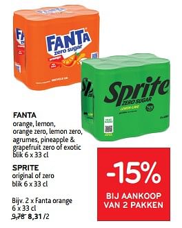 Promoties Fanta orang + sprite origina -15% bij aankoop van 2 pakken - Huismerk - Alvo - Geldig van 13/03/2024 tot 26/03/2024 bij Alvo