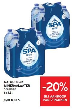Promoties Natuurlijk mineraalwater spa reine -20% bij aankoop van 2 pakken - Spa - Geldig van 13/03/2024 tot 26/03/2024 bij Alvo