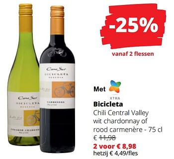 Promoties Bicicleta chili central valley wit chardonnay of rood carmenère - Rode wijnen - Geldig van 14/03/2024 tot 27/03/2024 bij Spar (Colruytgroup)