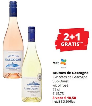 Promoties Brumes de gascogne igp côtes de gascogne sud-ouest wit of rosé - Witte wijnen - Geldig van 14/03/2024 tot 27/03/2024 bij Spar (Colruytgroup)