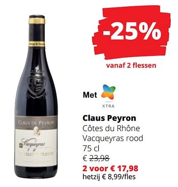 Promoties Claus peyron côtes du rhône vacqueyras rood - Rode wijnen - Geldig van 14/03/2024 tot 27/03/2024 bij Spar (Colruytgroup)