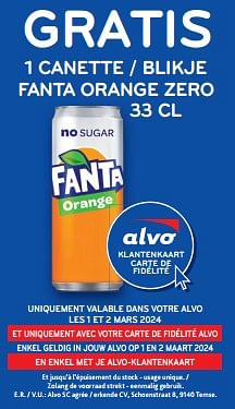 Promotions Gratis 1 canette fanta orange zero - Fanta - Valide de 28/02/2024 à 12/03/2024 chez Alvo