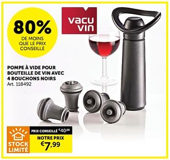 Promotions Pompe à vide pour bouteille de vin avec 4 bouchons noirs - Vacuvin - Valide de 05/03/2024 à 31/03/2024 chez Zelfbouwmarkt